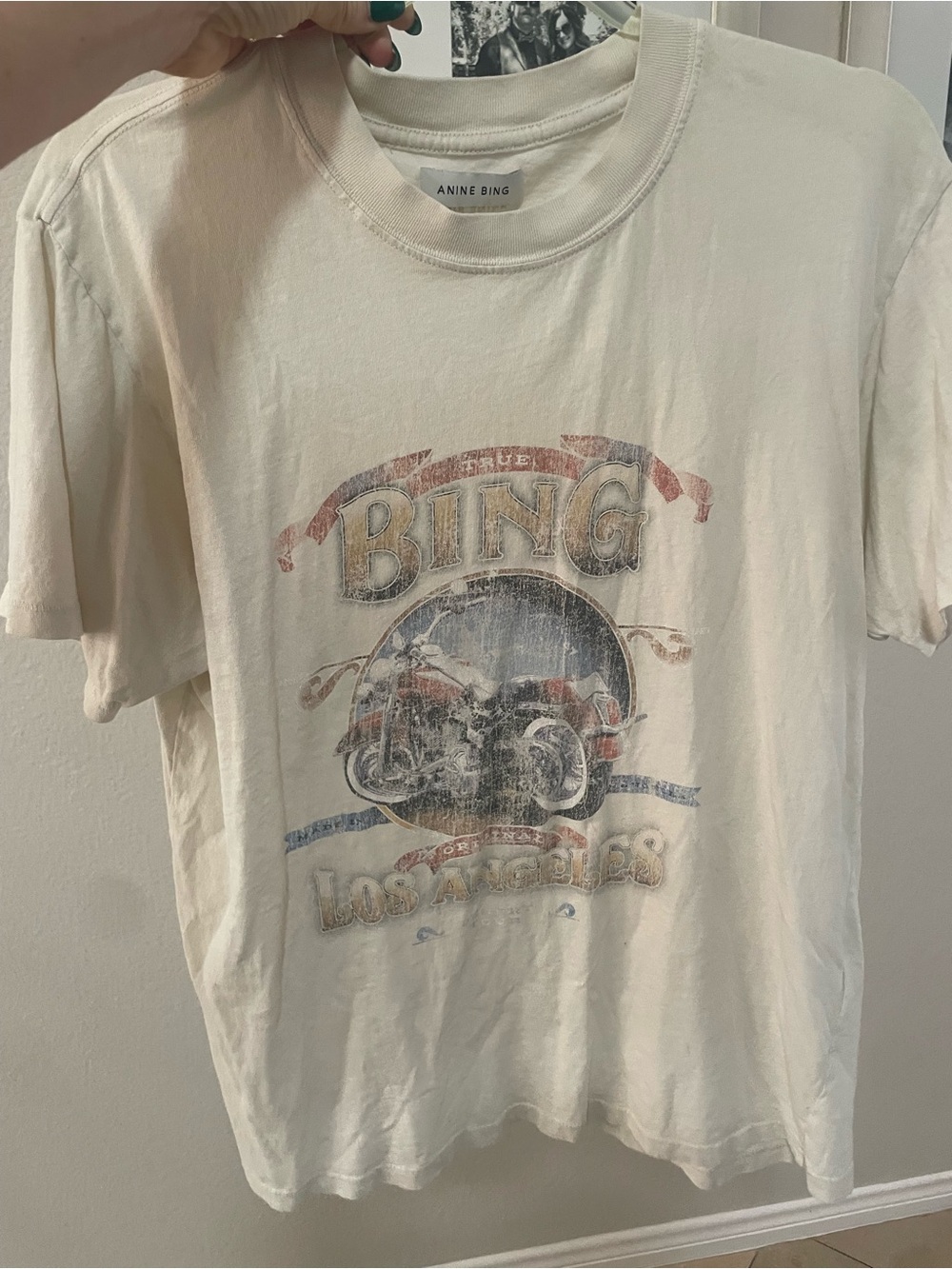 Anine Bing Cream Graphic Tee with Vintage Motorcycle Print